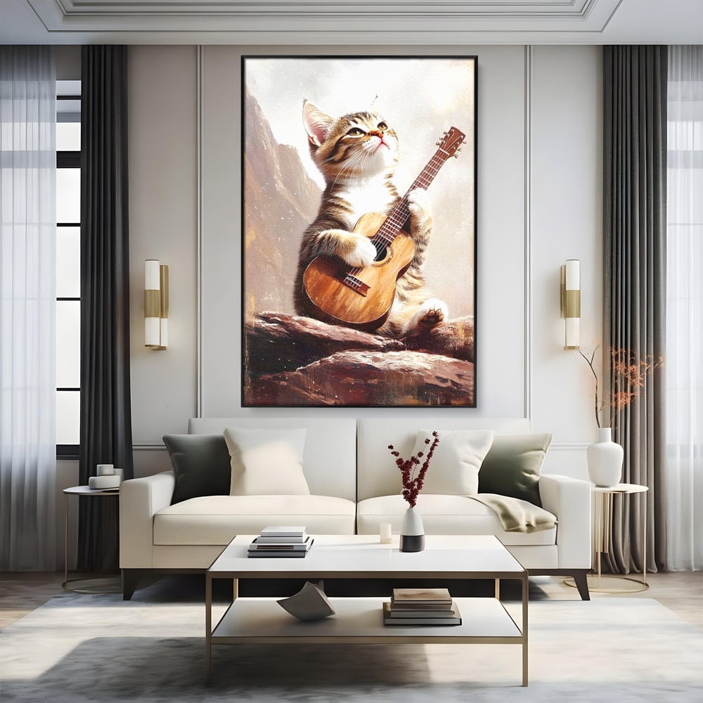 Tablou canvas cu tablou canvas cu pisica cantand la chitara, in rama de aluminiu negru, pe perete intr-un living